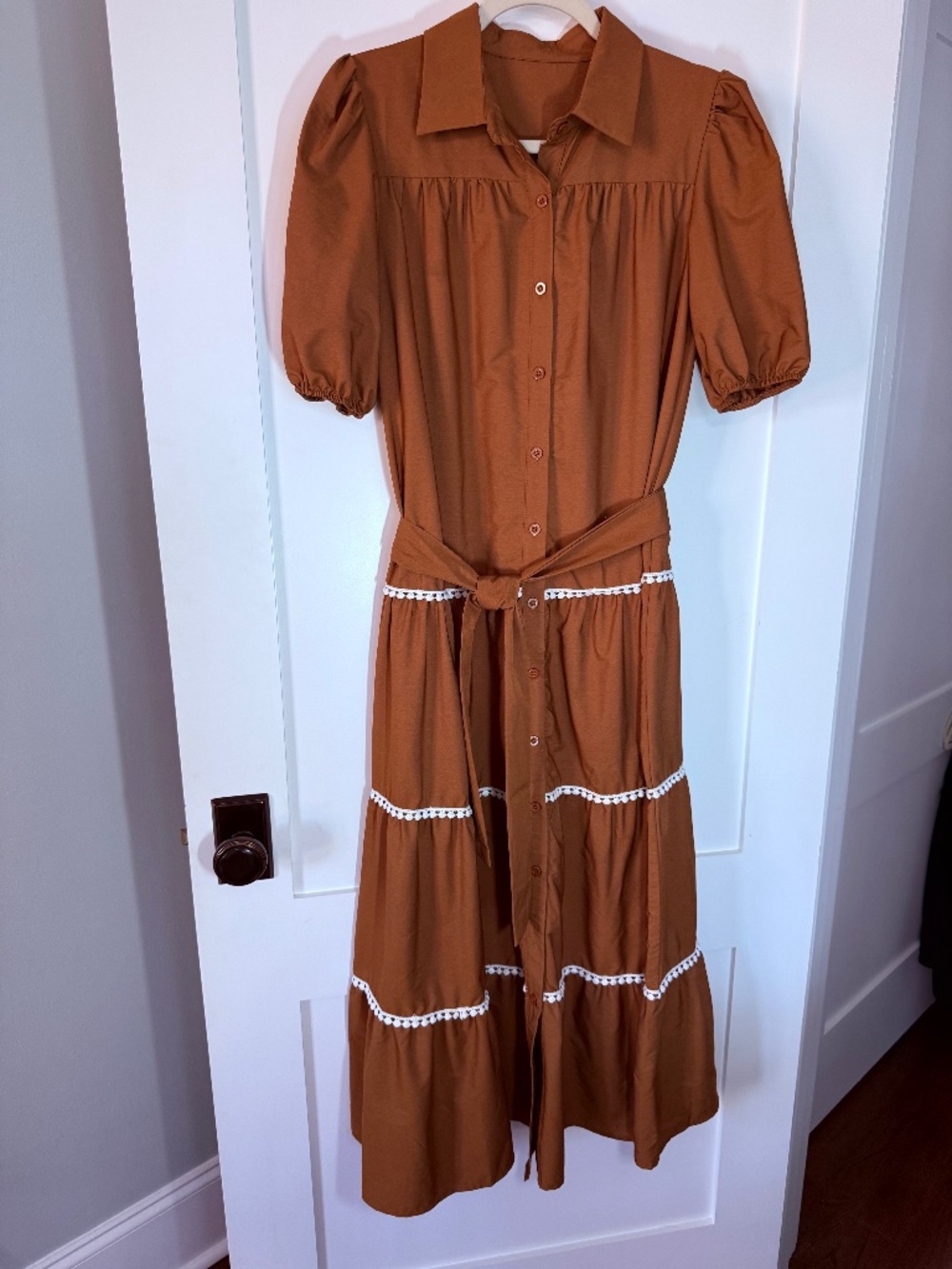 Rust Brown Tiered Maxi Shirt Dress White Crochet Trim Belted M Teacher Dress